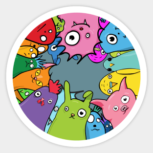 A circle of happy colorful creatures Sticker